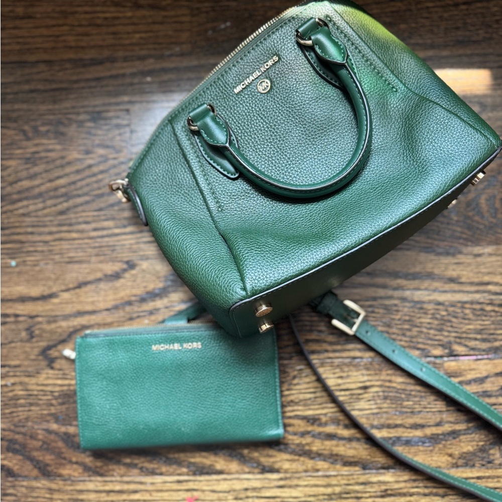Michael Kors Green Pebbled Leather Satchel with Classic Silhouette